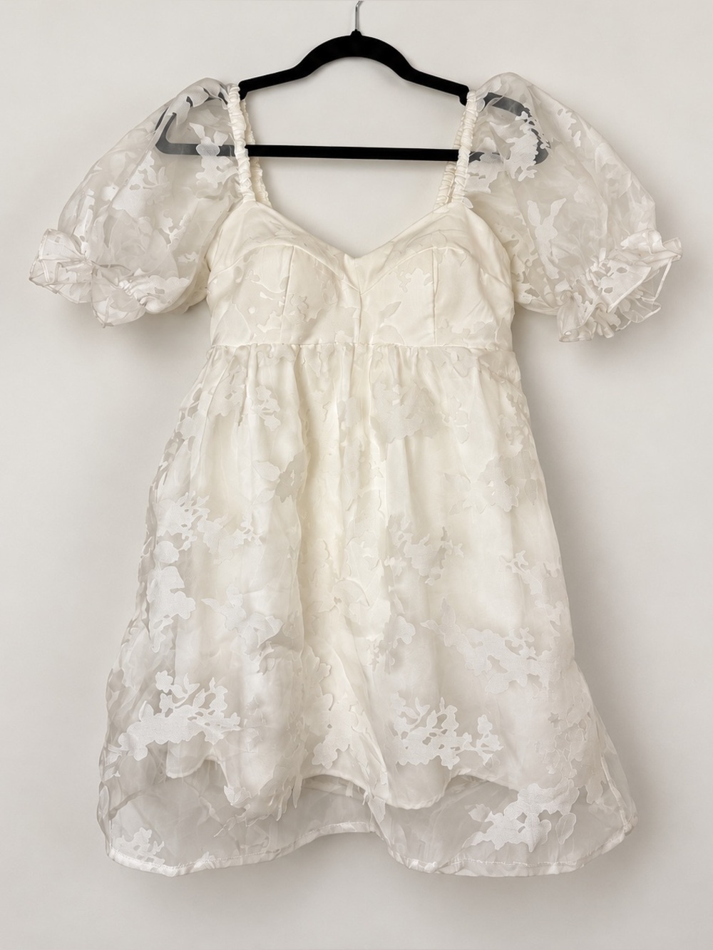 Allison & Kelly Size M Ivory Floral Organza Puff Sleeve Babydoll Mini Dress